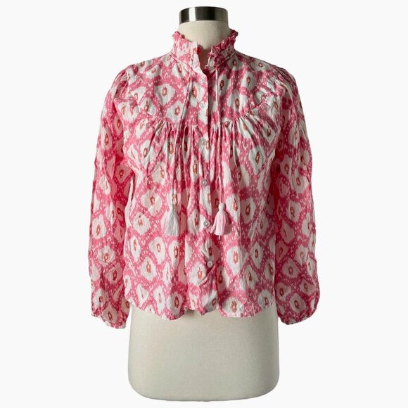 Marea Georgia Top XS Golden Hour Pink Print Cotton Tassel Tie Ruffle Blouse - Picture 4 of 9